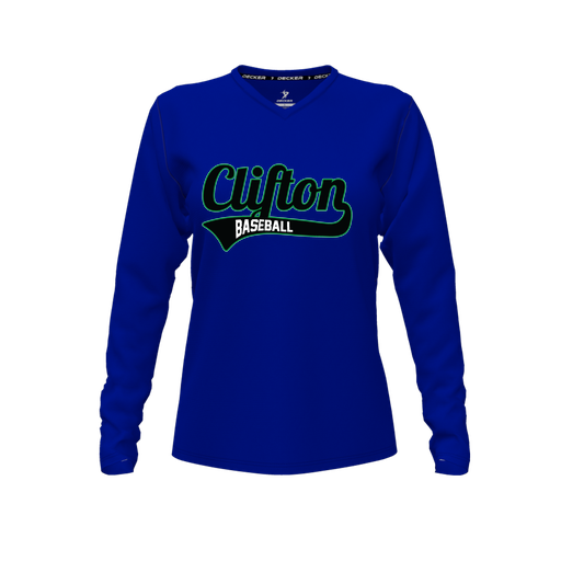 [CUS-DFW-TEES-CMF-VNK-LSL-RYL-FYXS-LOGO2] Decker Comfort T-Shirt (Female Youth XS, Royal, V Neck, Logo 2, Long Sleeve)