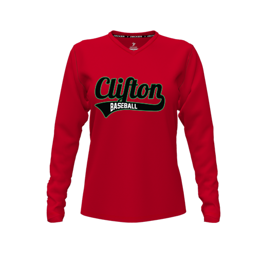 [CUS-DFW-TEES-CMF-VNK-LSL-RED-FYXS-LOGO2] Decker Comfort T-Shirt (Female Youth XS, Red, V Neck, Logo 2, Long Sleeve)