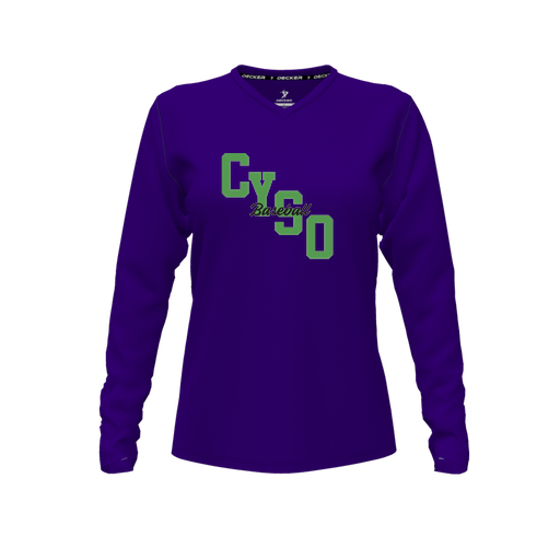 [CUS-DFW-TEES-CMF-VNK-LSL-PUR-FYXS-LOGO1] Decker Comfort T-Shirt (Female Youth XS, Purple, V Neck, Logo 1, Long Sleeve)
