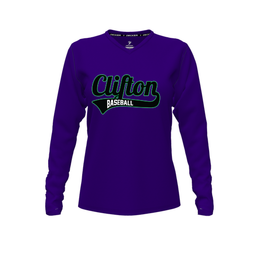 [CUS-DFW-TEES-CMF-VNK-LSL-PUR-FYXS-LOGO2] Decker Comfort T-Shirt (Female Youth XS, Purple, V Neck, Logo 2, Long Sleeve)