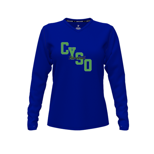 [FTLVPTRY-FYXS-LOGO1] Decker Performance T-Shirt (Female Youth XS, Royal, V Neck, Logo 1, Long Sleeve)